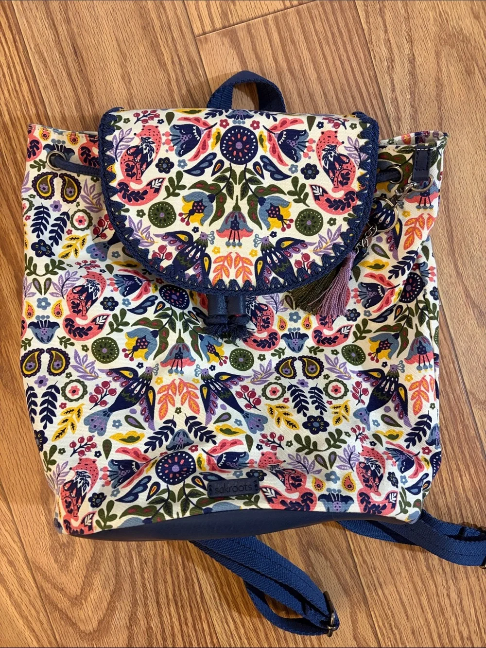 Sakroots Multicolor Floral Canvas Backpack with Navy Trim